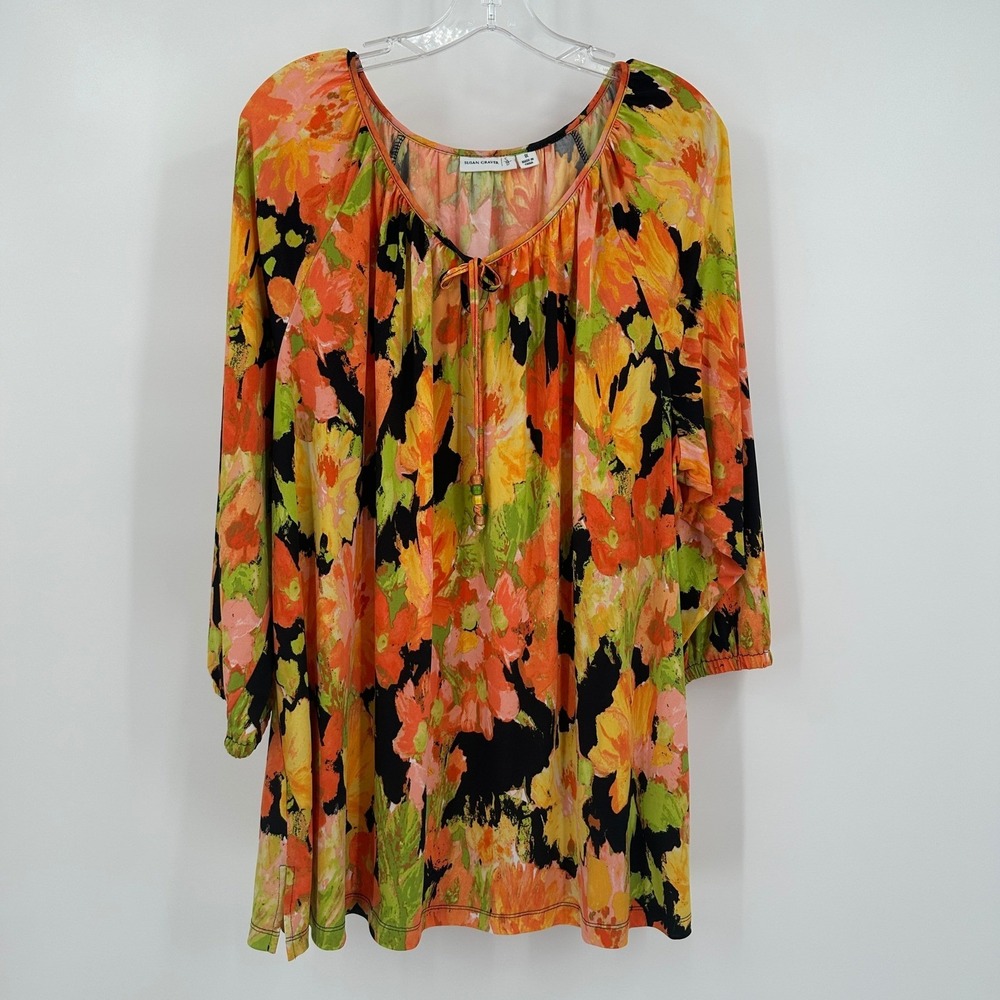 Susan Graver Liquid Knit Womens Boho Artsy Top Sz 1X Maximalist Colorful Floral